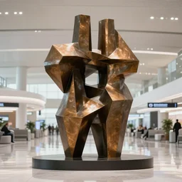 bronze abstract sculpture in an airport terminal, modern art, brutalism, geometrical shapes, octane render, trending on artstation,