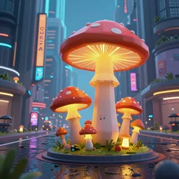 high poly cyberpunk city, wet roads, low camera angle, mushroom growing on the streets, mushrooms everywhere, so many mushrooms, colorful mushrooms, beautiful mushrooms, tall mushrooms, short mushrooms, medium mushrooms, glowing mushrooms, bright mushrooms, dark mushrooms, scary mushrooms, happy mushrooms