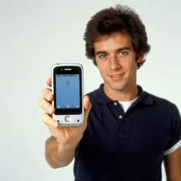 a 1980's picture of a man holding an Iphone, Iphones in the 1980s, old photograph, advertisement for the Apple Iphone, 480p resolution