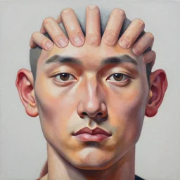 painting of a detailed and intricate arrangement hands and fingers that are in the shape of a face with nose eyes and ears