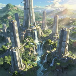 futuristic ancient city hybrid with tall shiny marble buildings in an evergreen valley, several waterfalls, landscape, global illumination, morning light, radiant light, bird's eye view, by makoto shinkai and lois van baarle, ilya kuvshinov, rossdraws, tom bagshaw
