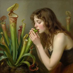 wonderful world of carnivorous plant eating a woman, painted in high resolution, 8k, by fragonard