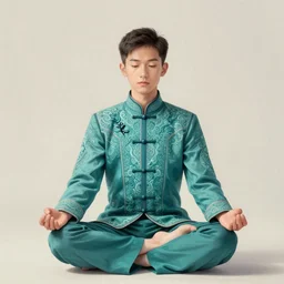 boy asian, meditating in lotus position, full body, frontal view, teal uniform, intricate, elegant, highly detailed, artstation, sharp focus, illustration, ruan jia, mandy jurgens, rutkowski, mucha