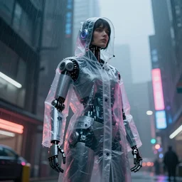 a street level, low angle, photograph of a woman with robotic prosthetics in a clear, transparent raincoat, in a futuristic, blade runner city with heavy atmosphere. Volumetric light. Rainfall. Dystopic. Evening, neon lights. 8k. Filmic. Highly detailed. Octane render.