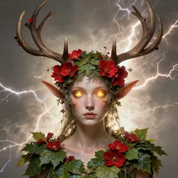 character concept portrait, head - on centralized, elf with antlers, red flowers, glowing golden eyes. dress made of leaves. detailed, high quality, dynamic lightning, fantasy. artwork by artgerm, wlop, alex ross, greg rutknowski, alphonse mucha