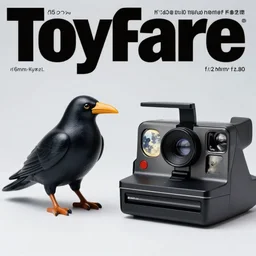 toyfare magazine cover of japanese raven and the man in the moon toys. studio lighting. 3 5 mm f / 2. 8 macro lens. polaroid - h 6 4 0