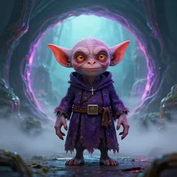 a photorealistic render of a mage goblin in front of a misty dimensionnal portal in the style of Remi Luizy, ultra detailed, crispy, C4D, octane render, 8K, raytracing, lumens, vivid colors, trending on artstation, trending on deviantart