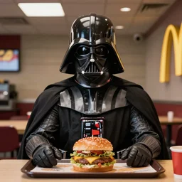 A still of Darth Vader at McDonalds, 4k, photograph, ultra realistic, highly detailed, professional lighting