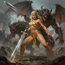 barbarian woman warrior in a gold bikini and a huge sword slays a demon with hooves, fantasy art