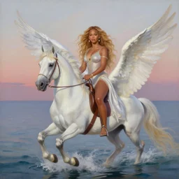 oil painting of beyonce as a sorceress woman riding a white seraphim winged horse at dawn on the water in the style of artist wayne reynolds, highly detailed, 8 k, artstation