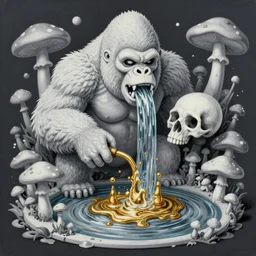 a painting of a evil stream, made in tones of white and grey, of water pouring from a biomorphic gorilla skull and producing liquid gold, in a wild mushroom fountain, bath like style, insanely detailed, loony toons style, isometric views, 8k