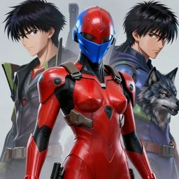 red blue robot cop ninja mask helmet metalgear solidsnake pose suit swat heros illustration character design concept the phantom pain cosplay sniper wolf by artist dayer diego and kojima and aramaki shinji by konami, unreal 5, daz, hyperrealistic, corona render, global illumination ray tracing hdr by james jean and katsuhiro otomo and erik jones, inspired by evangeleon anime, smooth face feature, intricate oil painting, high detail illustration, sharp high detail