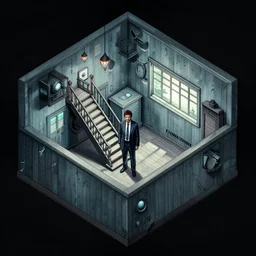centered detailed, isometric room, jack nicholson as jack torrance on the staircase from the shining, horror, art by jean giraud and moebius, realistic, expressive emotions, cold colours