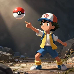 Arnold Schwarzenegger in costume of Ash Ketchum, scene where he throws as pokeball