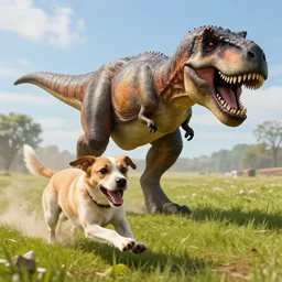 dog being chased by a T-Rex