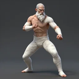 Full body Picture of a male monk, fighter, exposed torso, bandage on arms, marked muscles, white skin, bald, white long beard, brown eyes, detailed face, combat stance, handsome, D&D, by artgerm and Craig Mullins, James Jean, Andrey Ryabovichev, Mark Simonetti and Peter Morbacher, matte painting, trending on artstation, artstationHD, artstationHQ, octane, full HD, 16K