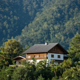 house on a mountain with trees in background