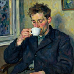 a * poetic * portrait of a sleepy man drinking a cup of coffee, early morning. by egon schiele