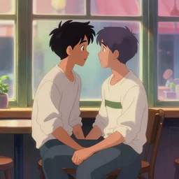 a male teenager sitting on a cafe and looking to a window, artgerm, anime style, pixar and disney style, path traced, color painting, anatomically correct, cinematic, high coherence, highly detailed, high quality, serene scene, colorful, symmetrical, beautiful, elegant, short black hair, vintage