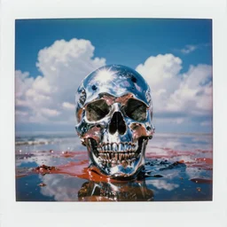 analog polaroid portrait of a chrome human skull, standing in a pool of blood, azure sky, big clouds visible, sunlight, reflection, sparkles, lensflare, film grain, 8k, unreal engine, color bleed