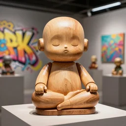 8 k octan, advertising, highly detailed, photo, a totally wooden figurine collectible art toys wooden on feet, very cute fat cyborg meditation zen with, cyberpunk, graffiti ratio, design, showroom dealership indoor display convention exhibition a contemporary art gallery masterpiece - a k _ dpm _ 2
