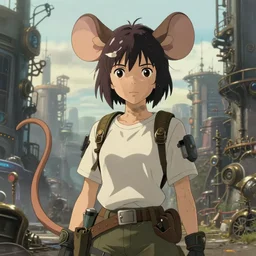 a full body portrait of anthropomorphic girl with rat ears and tail, wearing a tee shirt and combats, finely detailed features, closeup on face, perfect art, in a steampunk distopian city, trending on pixiv fanbox, painted by ilya kushinov, makoto shinkai, takahashi takeuchi, studio ghibli, akihiko yoshida