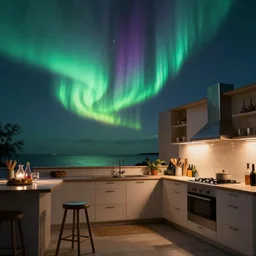 Wide shot, hyperdetailed masterpiece concept art of aurora borealis inside my kitchen, 4k Detailed Matte Illustration trending on ArtStation