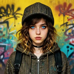 highly detailed portrait of a sewer punk lady student, blue eyes, tweed hoody, hat, wavy hair by atey ghailan, by greg rutkowski, by greg, tocchini, by james gilleard, by joe fenton, by kaethe butcher, gradient yellow, black, brown and cyan color scheme, grunge aesthetic!!! ( ( graffiti tag street background ) )