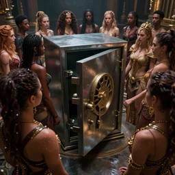diverse groups of humans opening a safe, from behind, rebirth, beauty, wide angle, elaborate, wet, highly detailed, colors, beautiful lighting