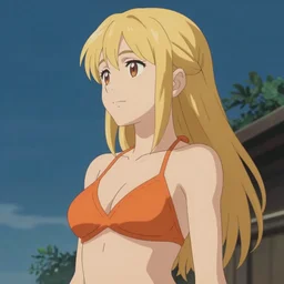 beautiful blond woman in orange tribal bikini, long blond hair behind the ear, by makoto shinkai, 8 k, high resolution render, cinematic color grading, clean lineart and flat color,