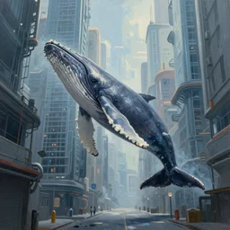 a beautiful painting of a humpback whale suspended in mid air near a skycraper, narrow street, cyberpunk city, depth of field, hyperrealistic, realistic!, cinematic shot, volumetric light, ultra detailed, epic