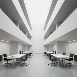 symmetry, parallel perspective, parallax mapping of brutalist office, minimalist architecture, minimalist furniture, octane render, high quality