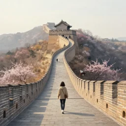 i walk in the great wall, china. volumetric lighting, spring, afternoon, overcast weather, realistic illustration, perfectly shaded, soft painting, art by krenz cushart and wenjun lin