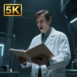 futuristic scientist is holding a folder, he is in shock, dark building, dramatic lighting, ethereal, stunning, breathtaking, awe - inspiring award - winning, 8 k