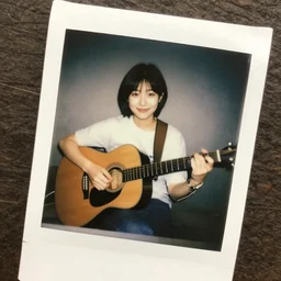 short asian 2 0 - year old woman, playing guitar, smiling, polaroid photo on a wall, highly realistic