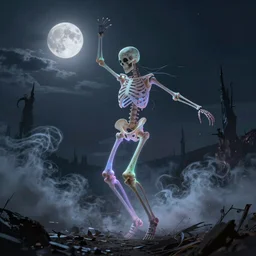 a tall,scary and slender skeleton with soft and luminous colors dances in an apocalyptic landscape with vapor and smoke under the moon in twilight, darkart, hyperdetailed, hyperealistic, cinematography, 8k,Artstation, Deviantart, beautiful