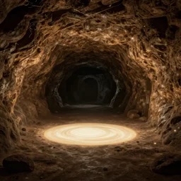 underground room, dark except from round glowing pool in the centre, earth walls, fantasy, by rutkowski and brian froud, centered design