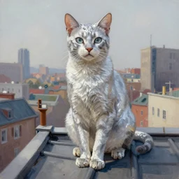 a fullbody pose of humanoid cat, beautiful clean oil painting a anthropomorphic cat in a cats city from the top of a roof pinterest, artstation trending, behance, watercolor, by coby whitmore, silver, laser light