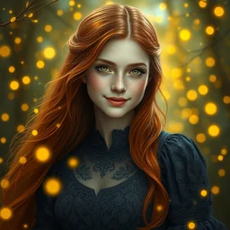 young woman, full covering intricate detailed dress, serene smile, surrounded by golden firefly lights amidst nature, long red hair, precise linework, accurate green eyes, small nose with freckles, beautiful smooth oval shape face, empathic, expressive emotions, dramatic lights spiritual scene, hyper realistic ultrafine art by artemisia gentileschi, jessica rossier, boris vallejo
