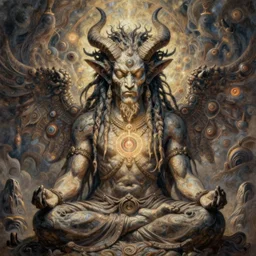 a hyper-detailed painting with high details and textures of a psychedelic demon with dreadlocks horns and several eyes, he is in a meditation position and has an open third eye and mystical spiritual powers, the mix cernunnos + shiva