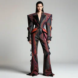 full body portrait of very beautiful 2 0 - year - old model, in an outfit made by balenciaga, photo by greg rutkowski, high fashion, androgyn beauty, intricate detail, elegance, sharp shapes, soft lighting, vibrant colors, masterpiece