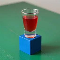 a glass with red liquid stands over a blue cube on top of a green wooden table