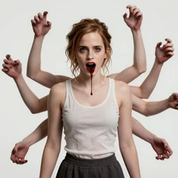 creepy emma watson with many arms, mouth dripping tar, the style of dariusz zawadzki, zdzislaw beksinski, giger, cam de leon, and stephen gammell. border and embellishments inspired by alphonse mucha