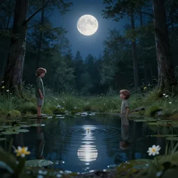 ( ( ( ( ( ( alexander jansson, gediminas pranckevicius ) ) ) ) ) ), a pond in the forest, moonlight, flower garden summer morning, very coherent and colorful high contrast art by simon stalenhag floralpunk screen printing woodblock, dark shadows, pastel color, hard lighting