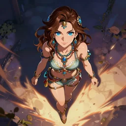 a beautiful fantasy girl, brown hair, bright blue eyes, lots of jewelry, full body, epic lighting, vibrant colors and hard shadows and strong rim light, very coherent, digital art, trending on artstation, finely detailed features, ross tran, sam yang