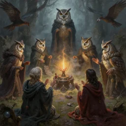 masterful fantastic realist painting of the enchanted summoning rituals of unusual moody birds wearing cloaks, exotic owl magick, weird perspective, ritual sacrifice, digital painting trending on artstation, volumetric lighting and mist, hyperrealistic, octane render