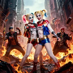 harley quinn fighting super villains, burning wreckage, gotham city, intense, epic cinematic hyperrealism masterpiece, whimsical, realistic poster with shaded lighting by craig mallismo, artgerm, jeremy lipkin and michael garmash and hans zatzka, unreal engine, radiant light, detailed and complex environment, digital art, art station trends