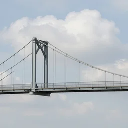 small steel suspension bridge built in 1 9 2 8, side view, puffy clouds in background, uap floating in the sky, woodcut style, rubber stamp, 8 k