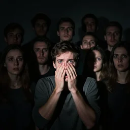 a frightened man stands in front of a 1 0 0 0 faces in the shadows while a single source of light hits his face ultrarealistic 1 5 0 mpx