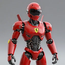 Tokusatsu character based on Ferrari, red mechanical body, chest plate with Ferrari logo, stylized motorcycle helmet, unreal engine, sci-fi, 3D model